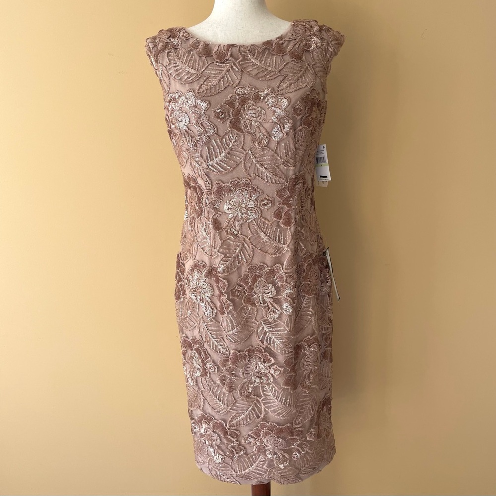 Alex Evenings Embroidered Sequin Lace Dress In Rose Gold 117654